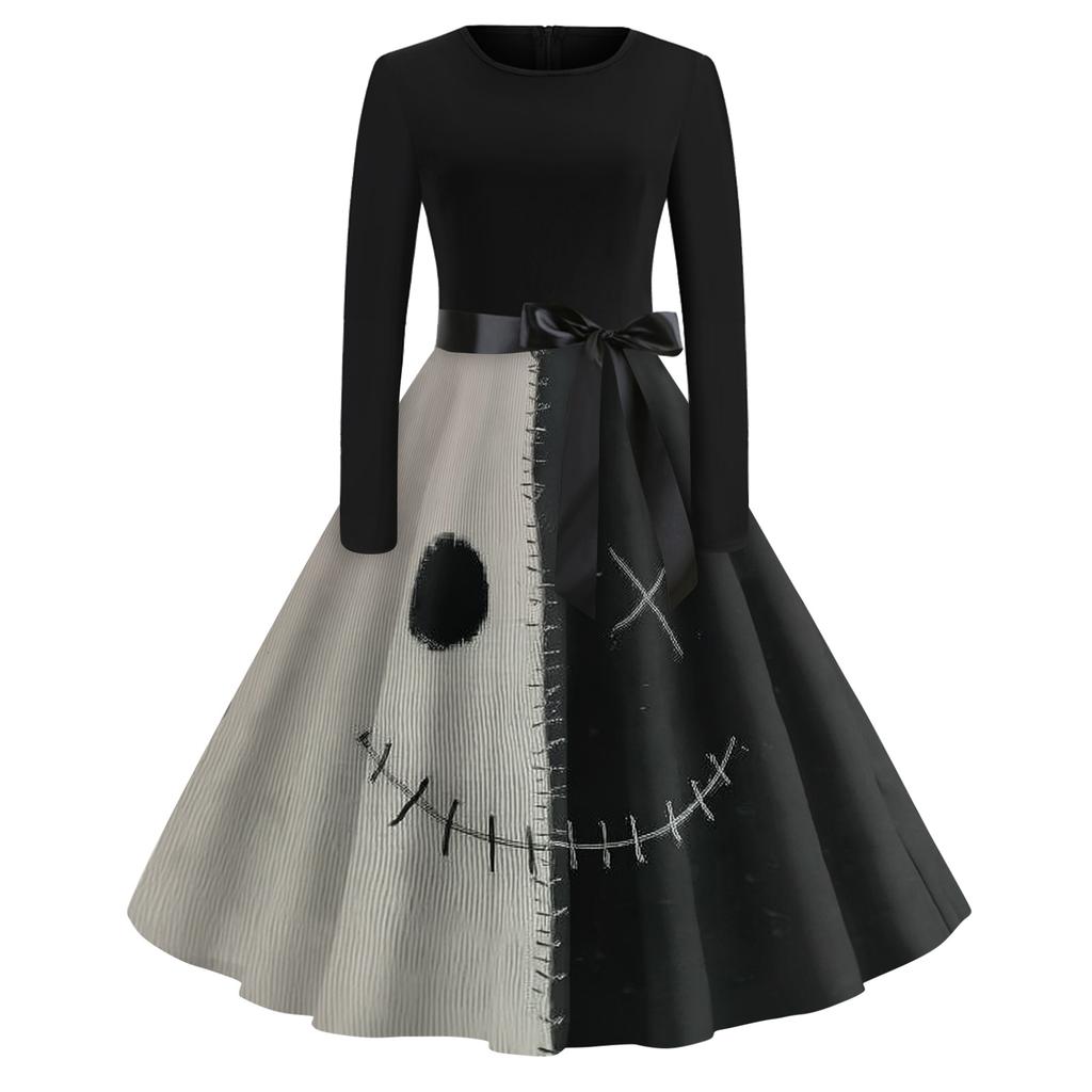 Damen Vintage Rundhals Langarmkleid mit Halloween-Print für Freizeit und Alltag