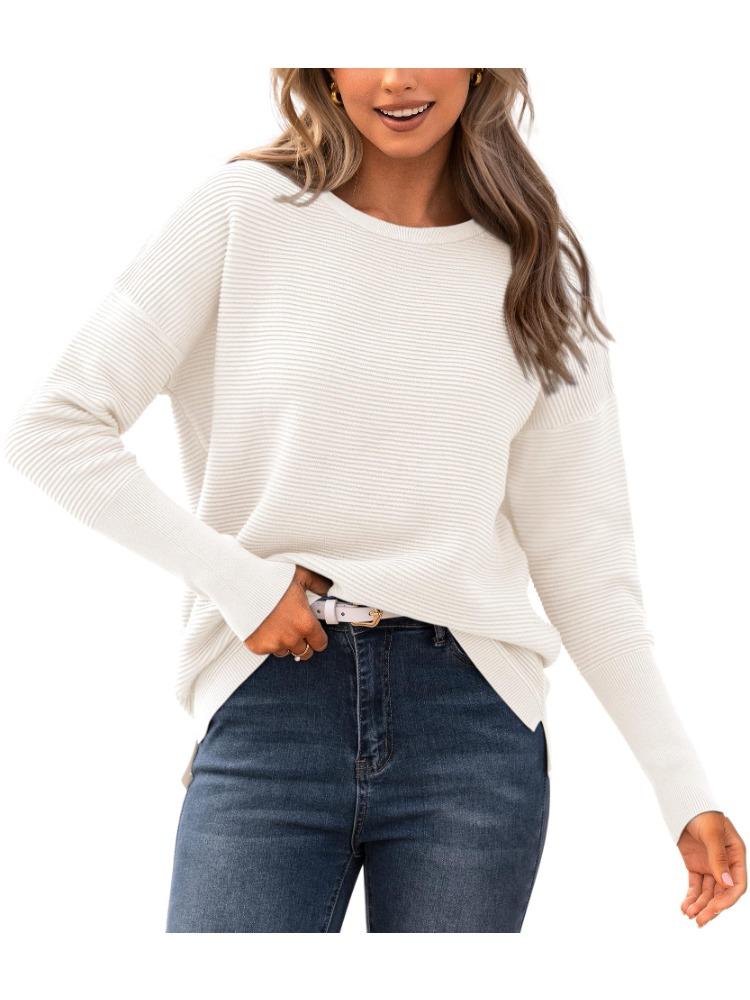 Autumn Winter Women's Sweater Long Sleeve Ribbed Knit Pullover Loose Round Neck Batwing Split Luxurious Relaxed-fit Slimming and Versatile Top