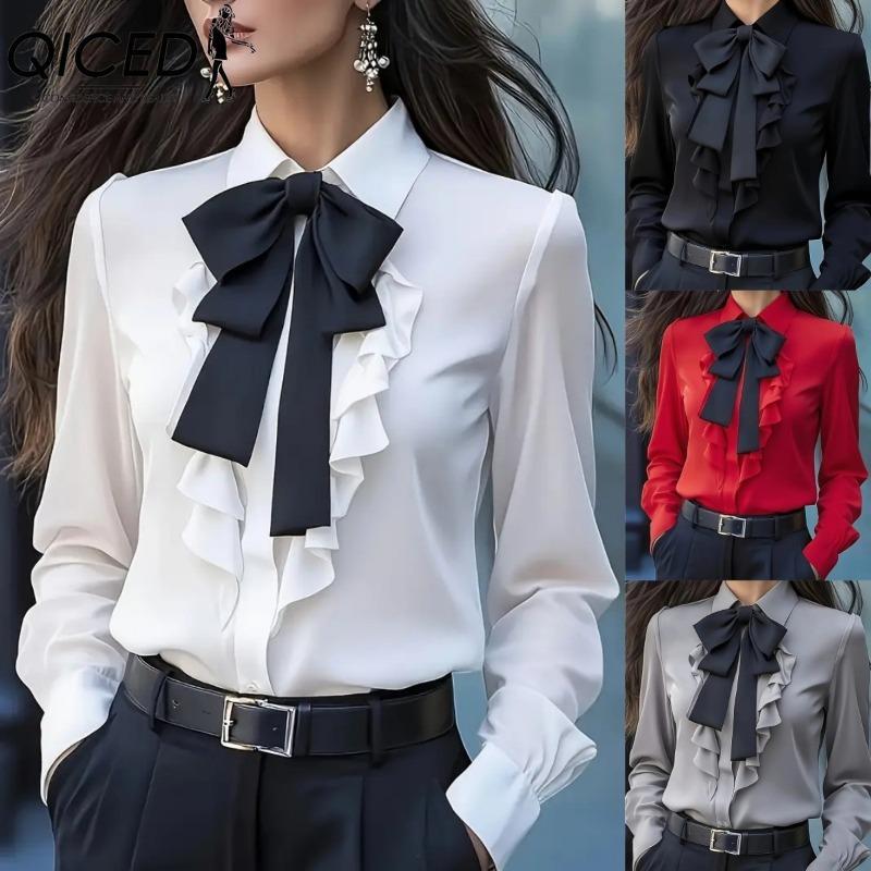 QICED Modische, lässige, einfarbige, langärmlige Blusen und Hemden mit POLO-Ausschnitt für Damen