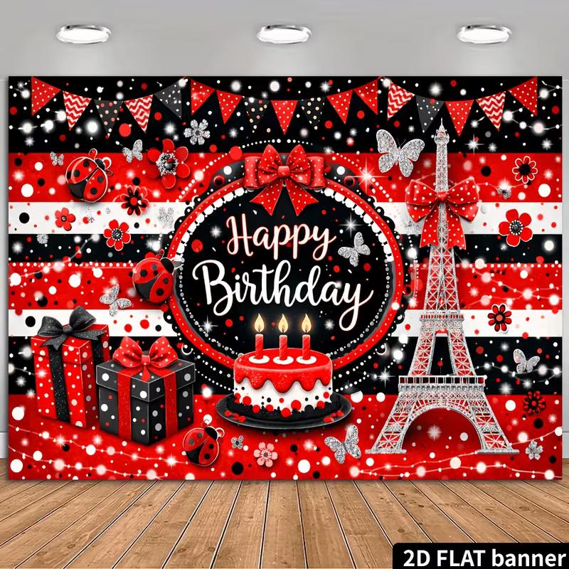 2D Ladybug Birthday Backdrop, Paris Eiffel Tower Banner, Red Black Happy Birthday Party Decor