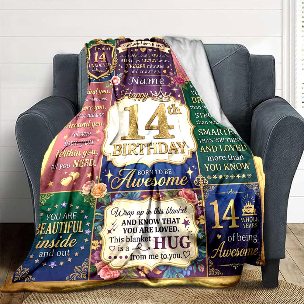 14Th Birthday Celebration Blanket Personalized Name Soft Warm And Versatile For Sofa Bed Office And Travel Machine Washable Comfortable In All Seasons