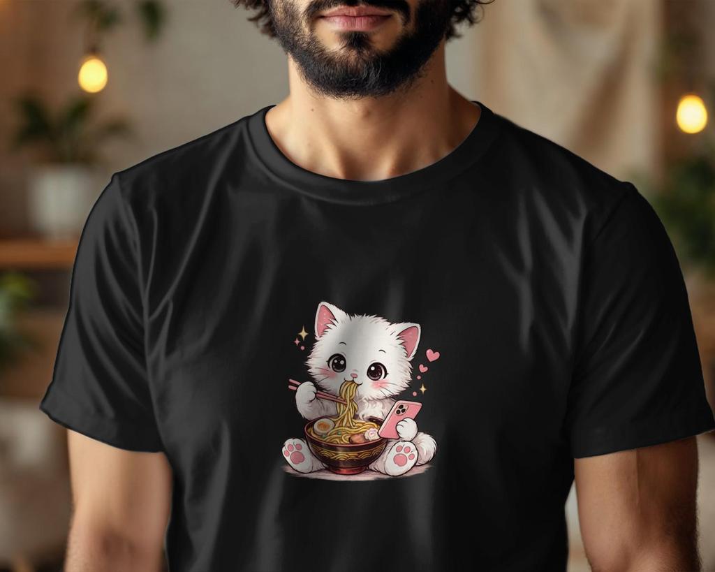 Cute Ramen Cat T-Shirt | Kawaii White Kitten Eating Noodles | Funny Food Lover Tee | Phone Addict Cat Shirt | Unisex Graphic T-Shirt