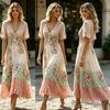 Women's Boho V-Neck Maxi Dress, Floral Print Short Sleeve Casual A-line Dress, Vintage Western Travel Vacation Outfits