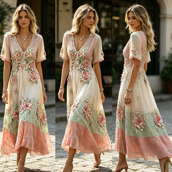 Women's Boho V-Neck Maxi Dress, Floral Print Short Sleeve Casual A-line Dress, Vintage Western Travel Vacation Outfits