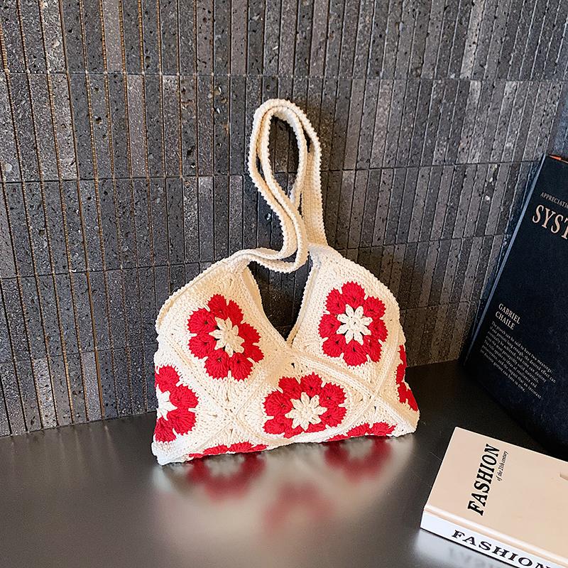 2026 New Retro Granny Square Flower Crochet Bag for Women Color Block Hand Woven Shoulder Bag Ins Style Vacation Exquisite Tote