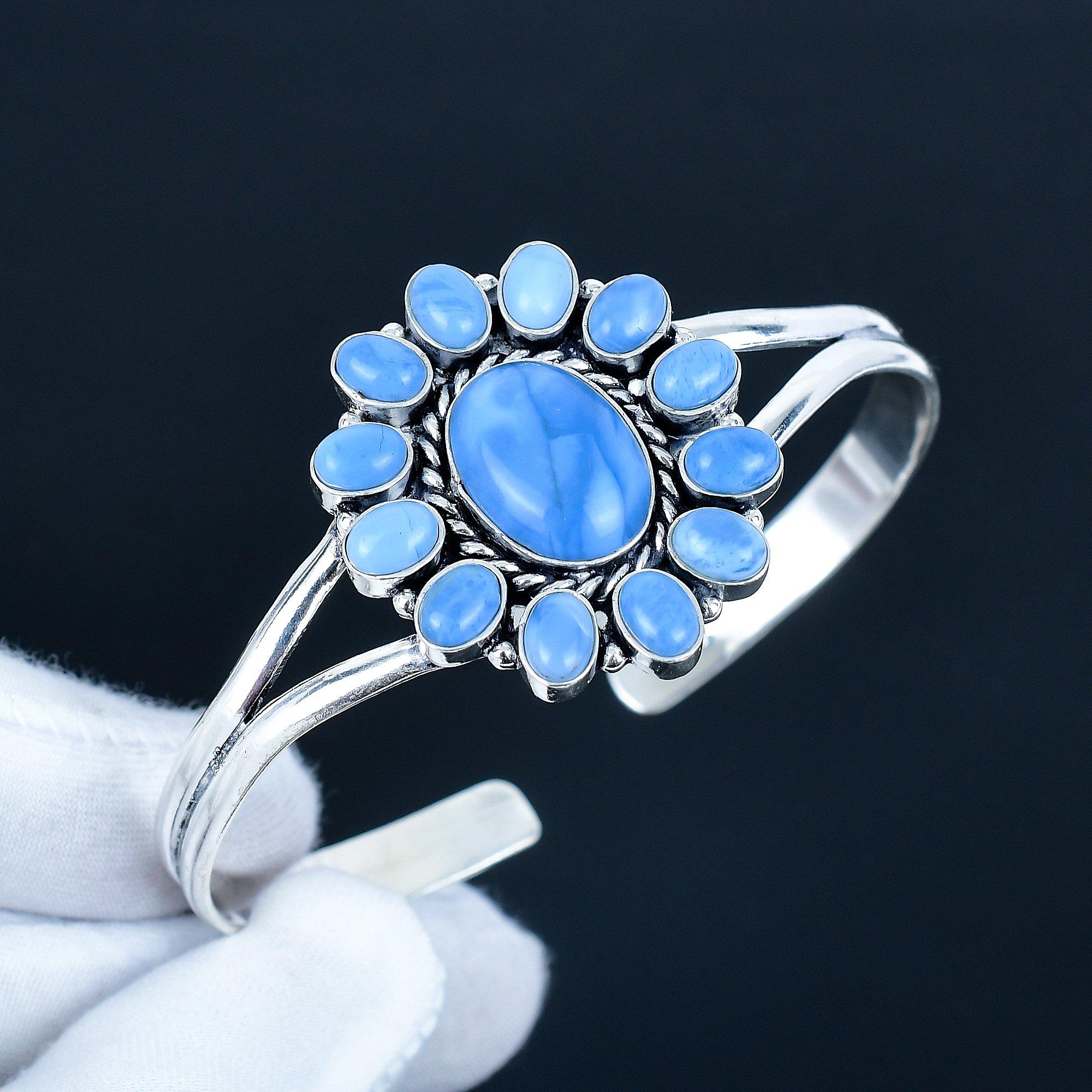 

Красивый драгоценный камень опал Овайхи, браслет-манжета ручной работы, браслет-манжета из стерлингового серебра 925 пробы, браслет в форме цветка из опала Овайхи для жены, браслет унисекс 7 синий