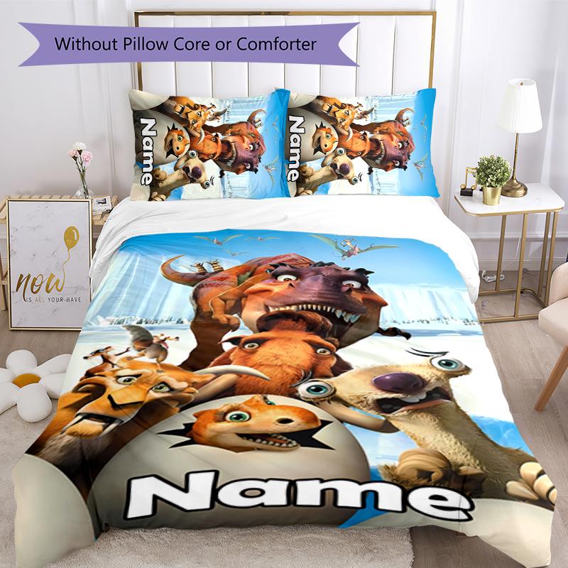 Juego de Ropa de Cama con Nombre Personalizado de Dibujos Animados Ice Age: El Origen de los Dinosaurios, Cierre de Funda Nórdica, Incluye 1 Funda Nórdica y 2 Fundas de Almohada para Todas las Estaciones, Dormitorio