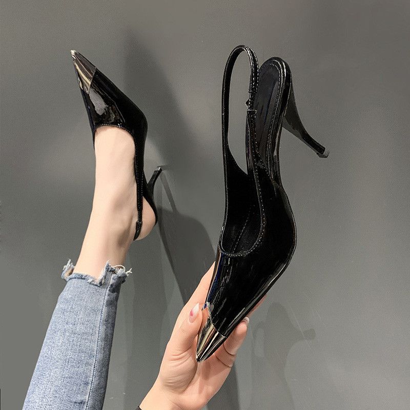 Black high heels women's 2025 spring new thin heels imperial sister style with dress metal pointed sexy bag head sandals