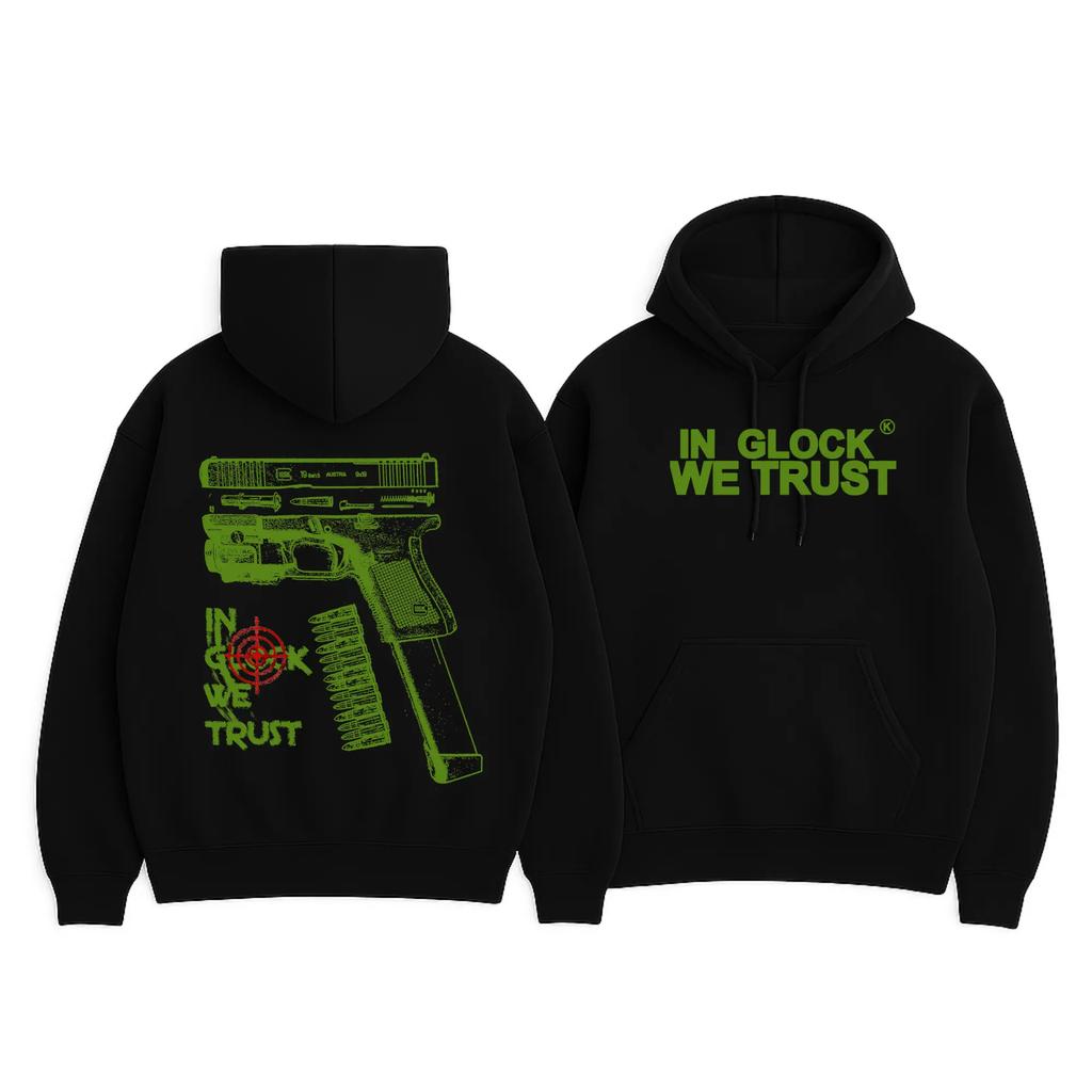 In Glock We Trust Black Hoodie Full Color Design Unisex Daily Wear Fashionable Design