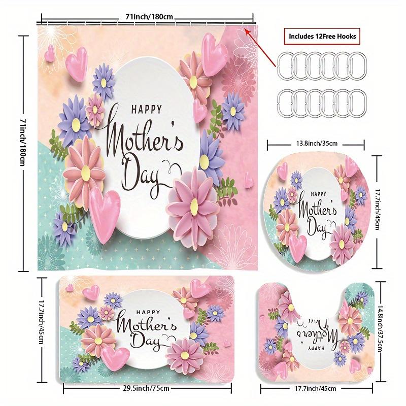 1/4 Mother'S Day Carnation Shower Curtain Set, Shower Curtain With Hooks, Non-Slip Carpet, Toilet U-Shaped Mat, Toilet Seatcover