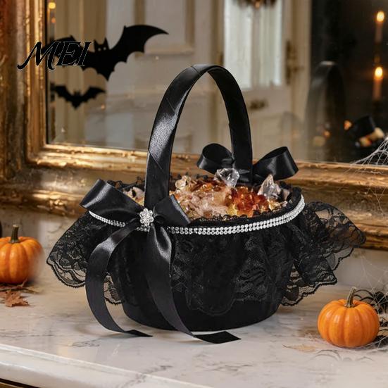 Decorative Ghost Candy Basket Black Flower Girl with Handle And Bow, Gothic Satin Handheld Halloween Decoration Lace for Wedding Ceremony, Bridal