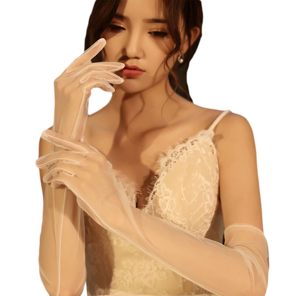 Exquisite Long Tulle Elbow Gloves 55cm Wedding Gloves Ultra Thin Stretchy Full Finger Mittens for Opera Party Concert