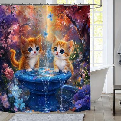 1pcs Cartoon Curious Cat Digital Print Shower Curtain, Cute Kitten Pattern, Vibrant Garden Scene, Suitable for All Seasons