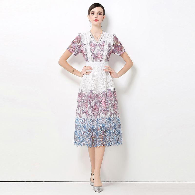 Летние V-образный вырез Короткий рукав Вырез Слиминг Миди Платья Женские Элегантный Цветочный Принт Кружевная Вставка Средней Длины Платье S фиолетовый