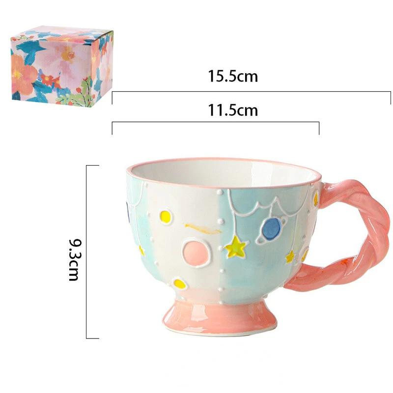 Cute Ceramic Mug Hand-painted Embossed Breakfast Cup 450ML Home Oatmeal Cups Breakfast Mugs Creative Milk Cups Coffee Cups