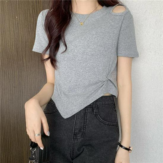 Summer 2025 Hot Pink High-Waist Slim Fit Hollow Short-Sleeve T-Shirt for Women