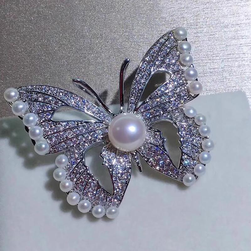 Sparkling Diamond Butterfly Pearl Brooch Elegant Corsage Pendant Pin  Accessories