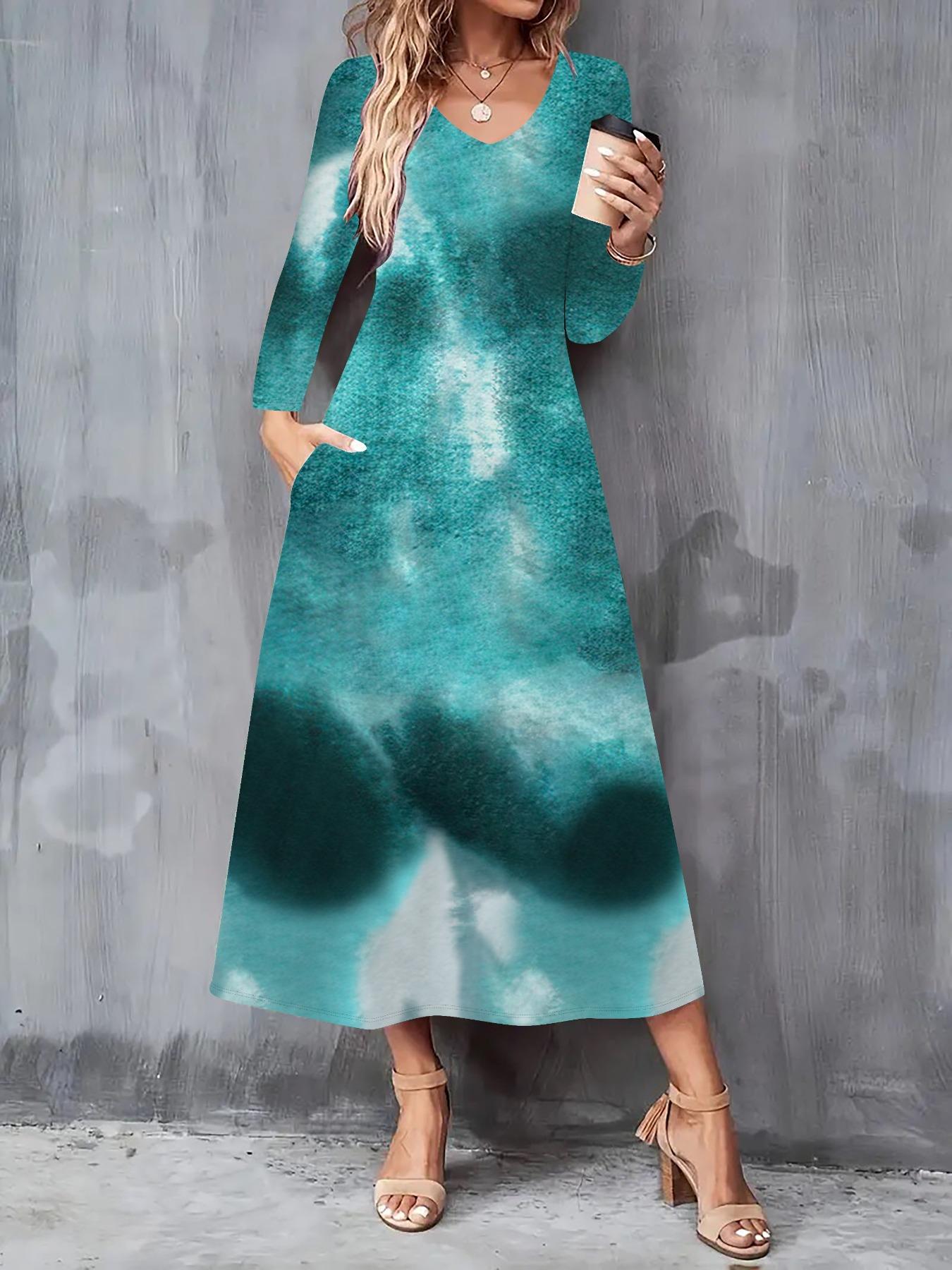 

Осень-Зима 2025 Новое Женское Повседневное Модное Платье 3D Принт Тай-дай Длинный Рукав V-образный Вырез A-силуэт XXL зелёный