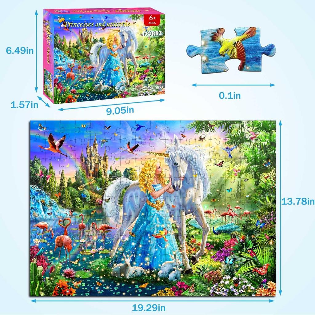 Puzzles for Kids Ages 8-10 6-8 - Princess & Unicorn Floor Puzzle- 200 Piece Jigsaw Puzzles for Kids Ages 10-12 Year Old and Adults.Colorful Children