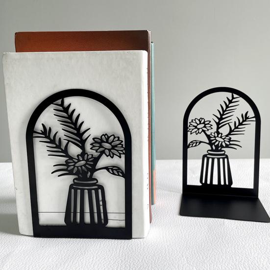 1 Pair Flower Metal Bookends Decorative Flower Vase Book Ends for Shelves Black