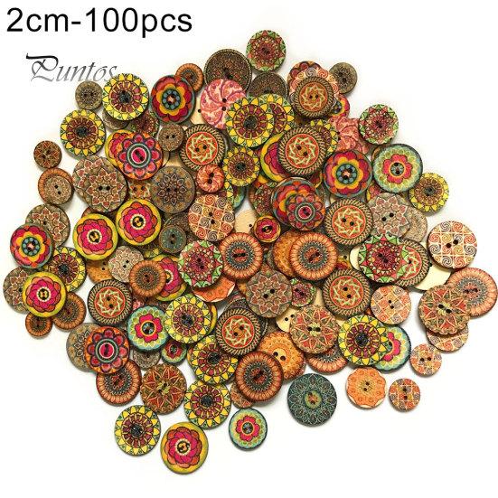 100Pcs Classic Vintage Flower Printed Wooden Button DIY Sewing Clothes Bag Decor
