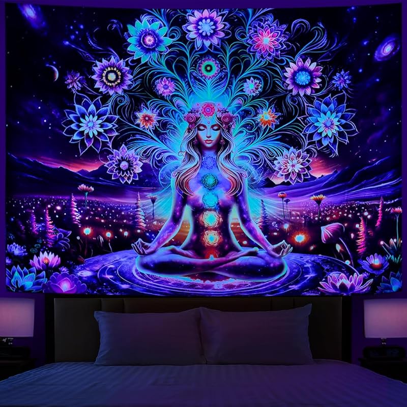 Dermijer Blacklight Seven Chakra Yoga Meditation Tapestry Flower Chakra Tapestries Galaxy Space Planet Tapestry UV Reactive Lotus Spiritual 52.4 L x 39.4 W синий