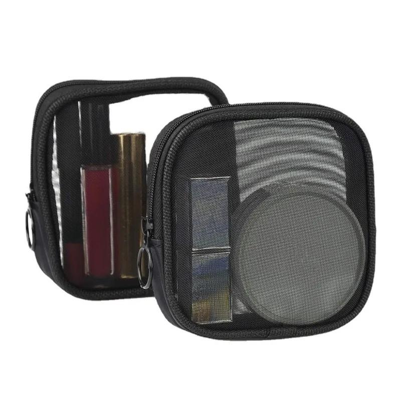 New Square Black Nylon Transparent Mesh Cosmetic Bag Makeup Organizer Portable Data Cable Earphone Coin Charger Storage Pouch