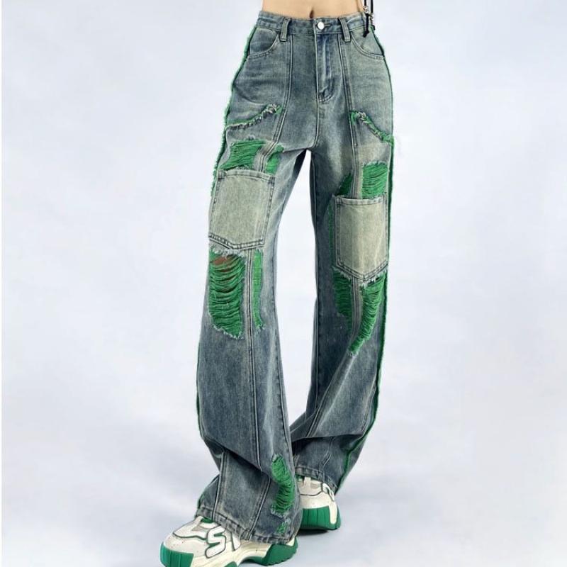 Women's Summer New Arrival Contrast Color Distressed Straight-Leg Loose Casual Jeans - Flattering Slimming Streetwear Versatile Denim Pants