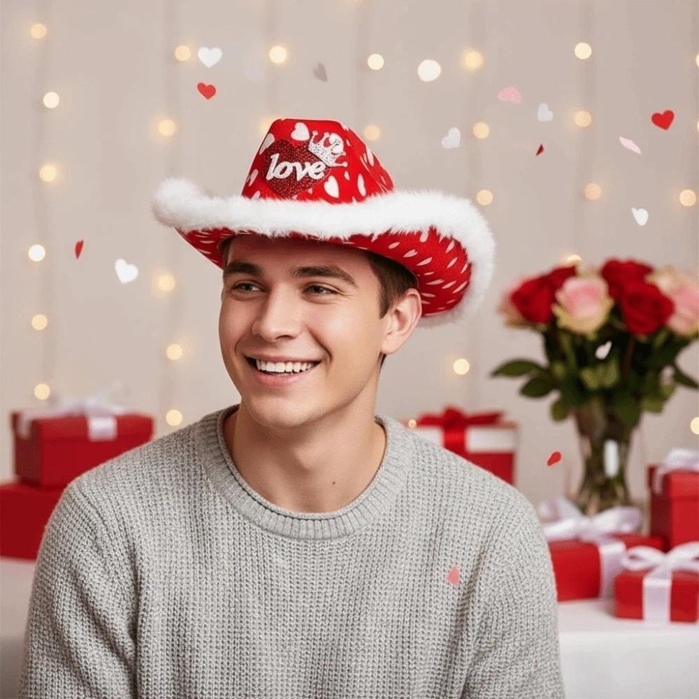 Wide Brim Cowgirls Top Hat Warmer Valentine's Day Party Hat Adjustable Red Heart Cowboy Cap  Men
