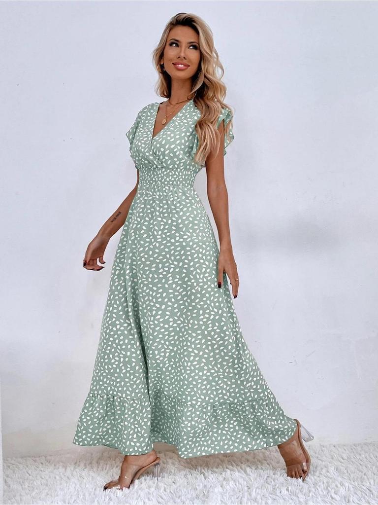 V-Ausschnitt Bedrucktes Kleid Taillenbetont Langer Rock mit Rüschenkante Elegantes Kleid für Damen Ärmellos Lockere Kleider Freizeitkleid