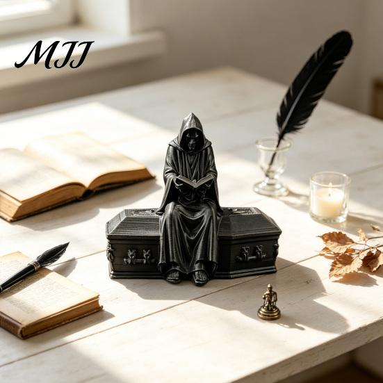 Collectible Gothic Figurines 3D Printed Reading Skeleton Figurine, Hooded Reader Statue, Dark Fantasy Desk Decor Spooky Desktop Ornament for