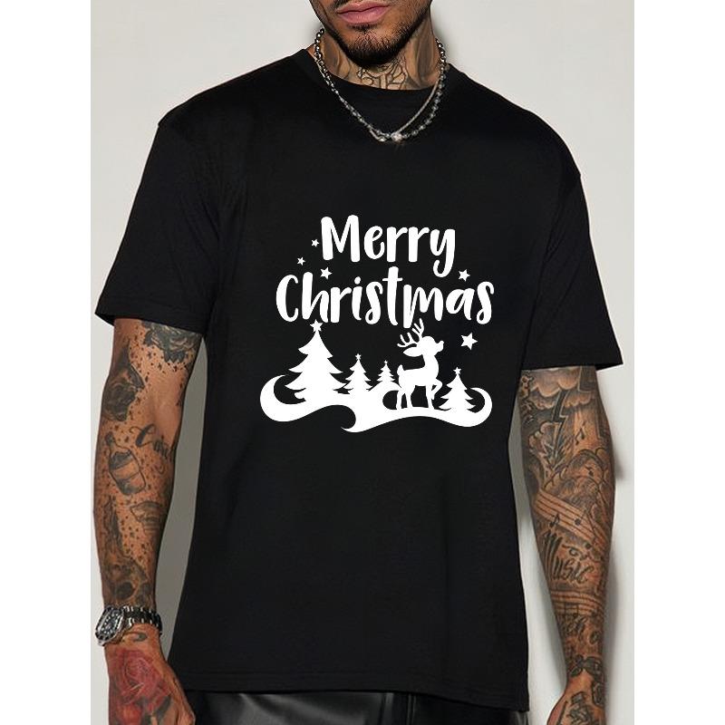 

Европейский размер Мужская футболка с принтом С Рождеством - Повседневная футболка с круглым вырезом и коротким рукавом, Вязаная ткань с небольшой эластичностью, Обычная посадка Летний топ S чёрный