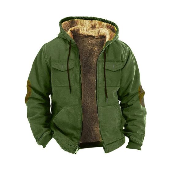 Men Thermal Jacket Hooded Drawstring Long Sleeve Solid Color Jacket with Pockets Zipper Closure