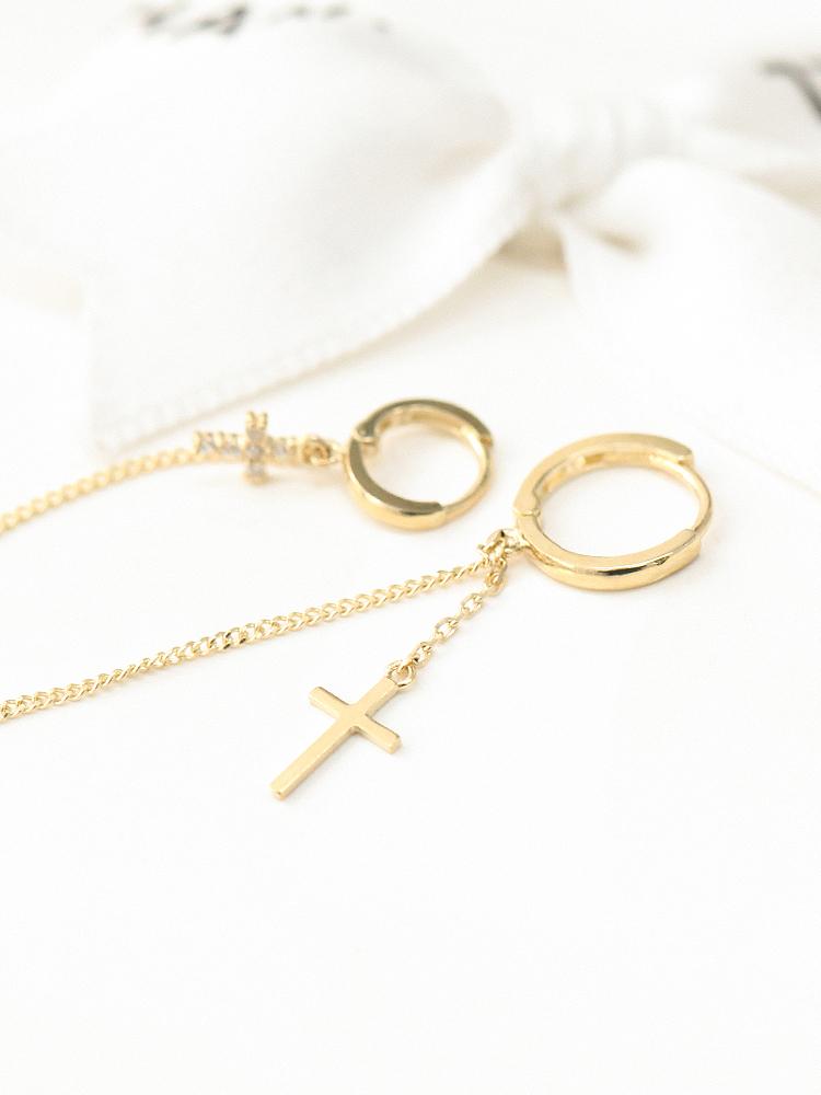 Minimalpiercing 14K Cross Two-Ring Layered Drop Earrings