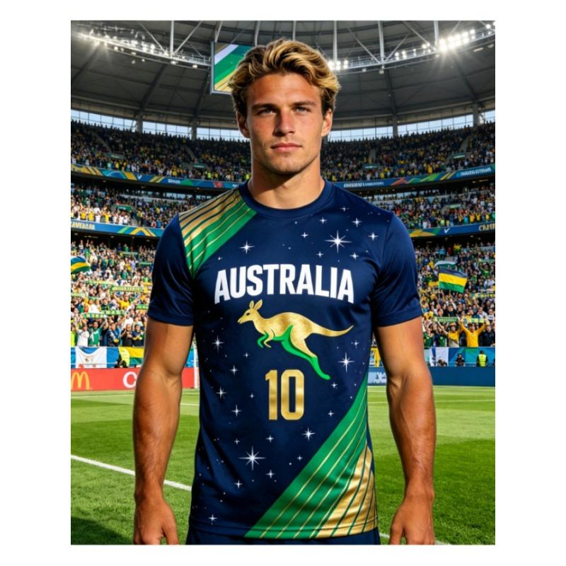 Men's Australian Football Jersey No.10 - Kangaroo Print T-Shirt, Breathable Plus-Size Casual Round Neck Short-Sleeve Top
