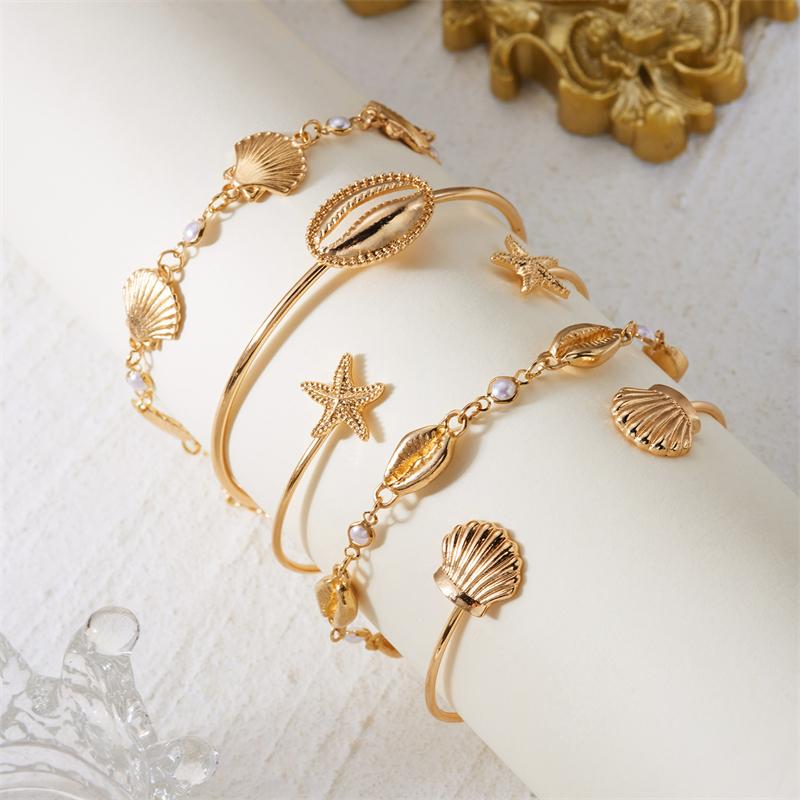 5Pcs Metal Starfish Shell Bracelets Set for Women Multilayer Boho Conch Scallop Stackable Bangles Summer Beach Party Jewelry