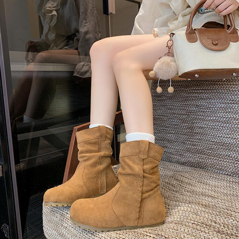 Retro super fire pleated stacking boots women's 2025 autumn new heightening sleeve Martin boots slim Birkenstock short boots