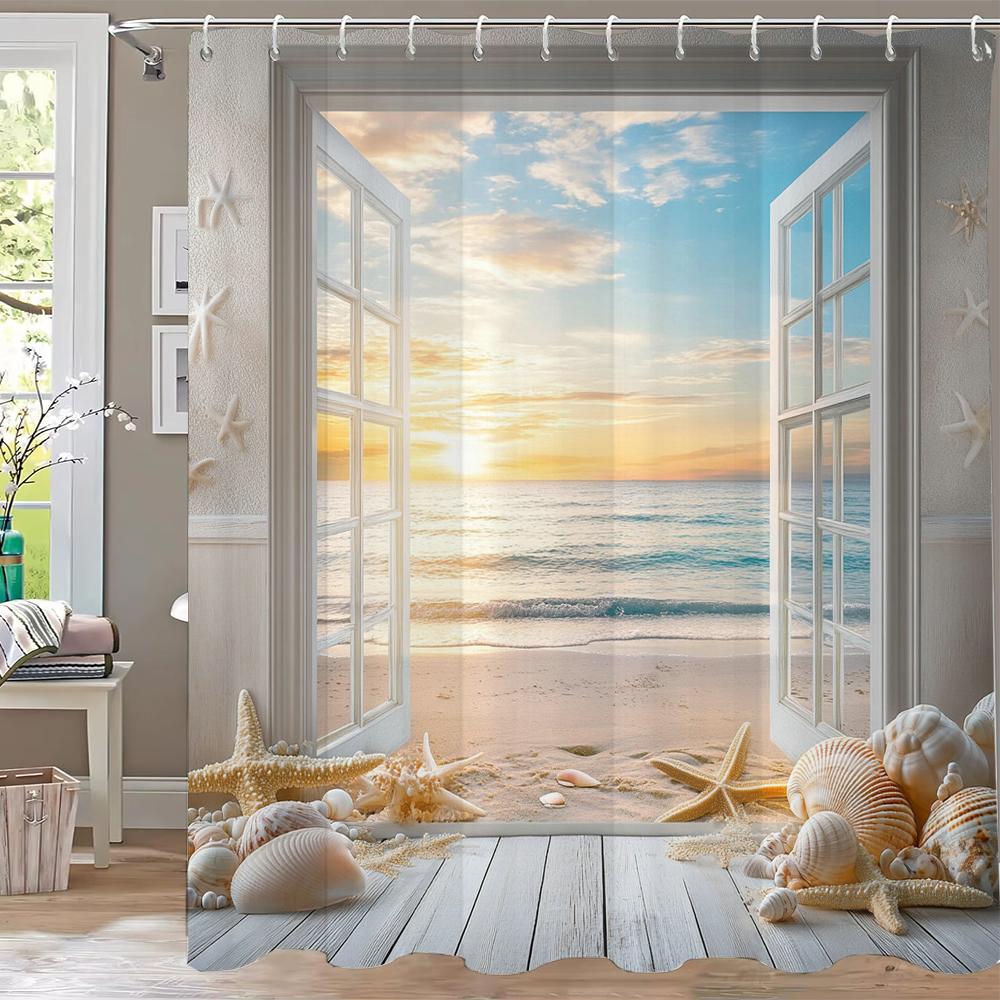 1Pc Ocean Beach Shell Wooden Door Seaside Scenery Print Waterproof Shower Curtain Partition Privacy Hanging Curtain With Hooks