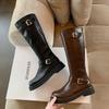 Grape Mom Same Style~ Autumn and Winter Round Head Buckle Belt Thick Heel But Back Zipper Medium High Versatile Knight Boots Women