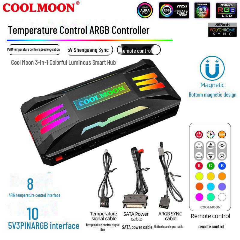 5V 3-pin ARGB Sync Fan Controller with PWM Temperature Control & Wireless Remote