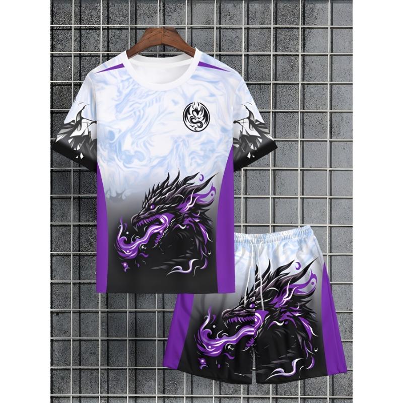 Men s casual fashion suit 3d printed dragon pattern printed round neck T-shirt shorts S