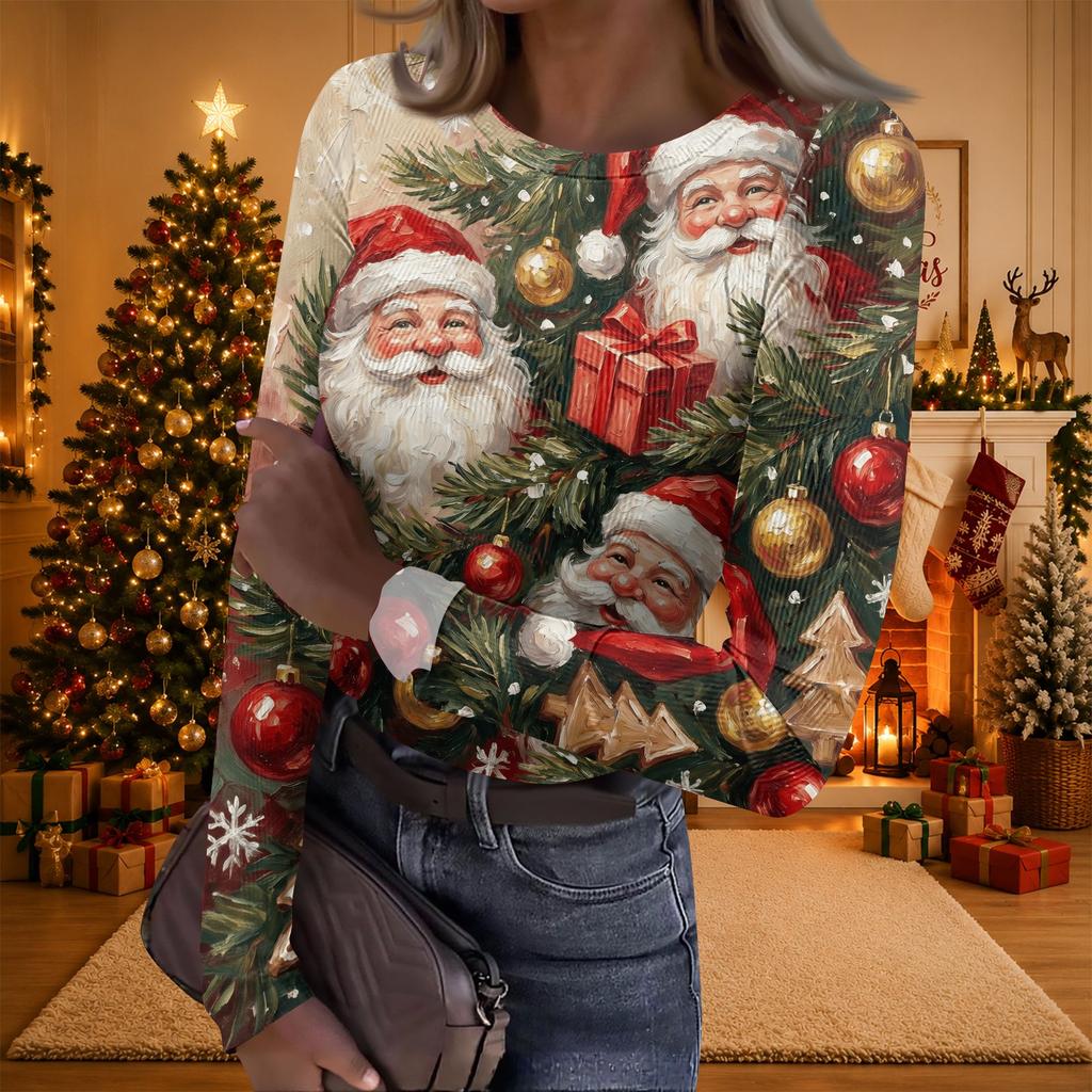 Women's Casual Long Sleeve Christmas Print Neck Ribbed Knit Top