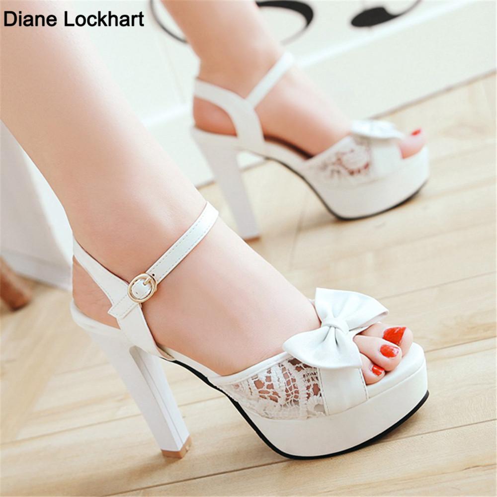 Fashion Women Summer Lace Bow Mesh Shoes Fish Mouth High Heel Ladys Platform Sandals Evening White Dress Wedding Female Zapatos De Mujer