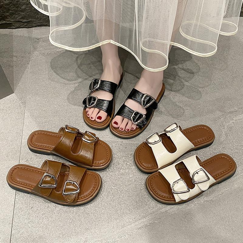 Beach cool slippers women's 2025 summer new one-pedal lazy versatile outer wear belt buckle flat bottom one-word drag
