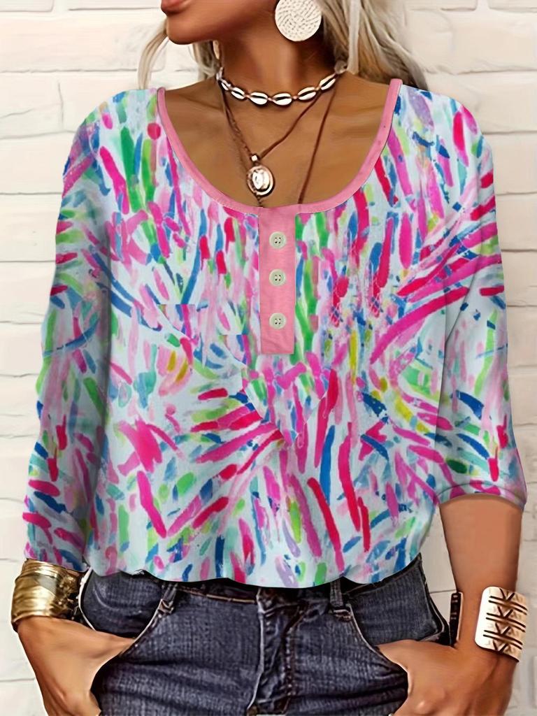 2025 V-neck Women's Ethnic Style Print Button Plus Size Casual T-shirt