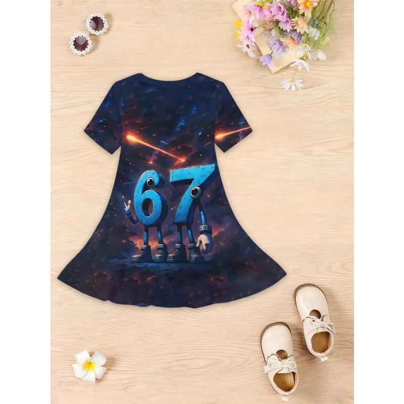 This Summer 3D Printed Short-sleeved Dress for Girls Features A Round Neck,