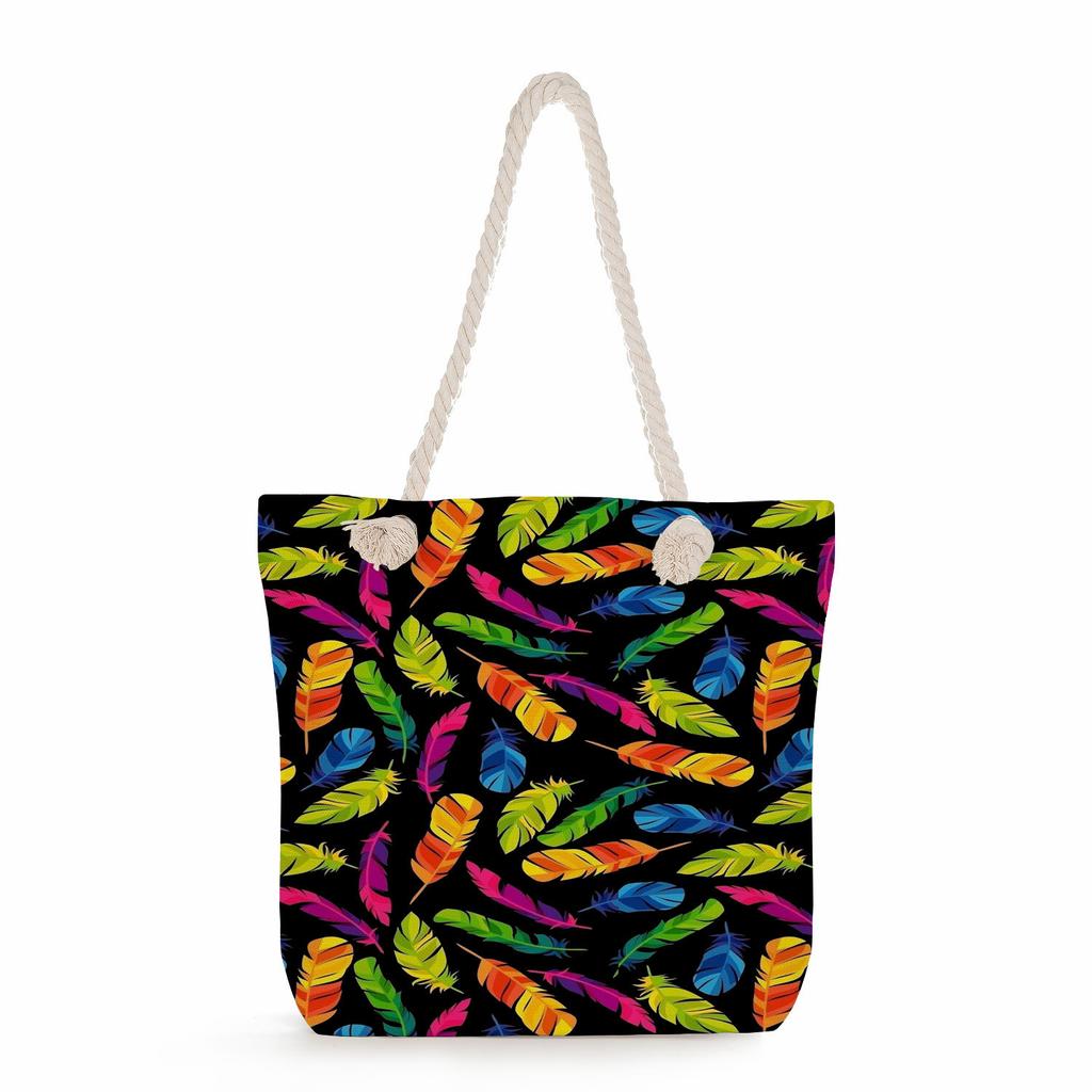 Feather print thick rope single-shoulder beach bag 7221