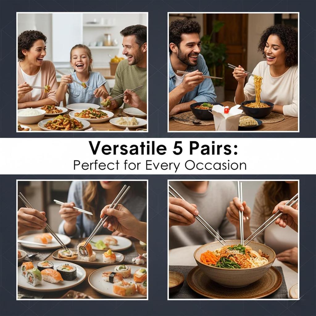 Stainless Steel Chopsticks 5 Pairs, 9 Inch Reble Metal Chop Sticks, Lightweight Hollow Design, Square Anti-Roll & Non-Slip Tips, Dishwasher Safe Food