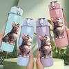 1PC Fluffy Grey Kitten 750ml Color Plastic Sports Water Bottle Leakproof Flip Straw Lid Suitable for Sports Office Home Use