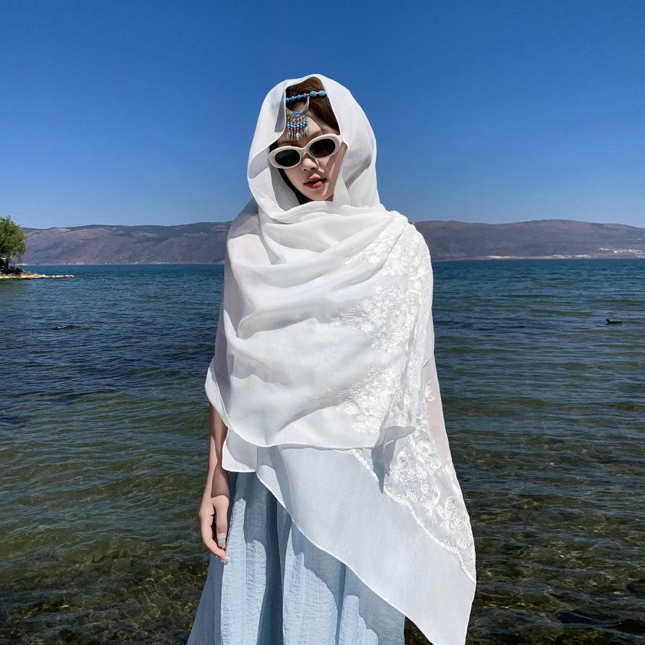 

Elegant Women Silk Scarf White Flower Embroidery Beach Wrap Shawl Solid Lady Sunscreen Bandana Hijab Mujer Scarve Pareo Boho New One Size& 8Y